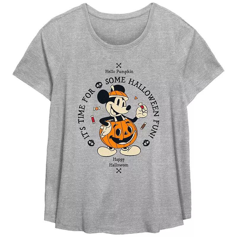 Disneys Mickey Mouse Hello Pumpkin Its Time For Some Halloween Fun Plus Size Flowy Graphic Tee, Womens Grey Gray Product Image