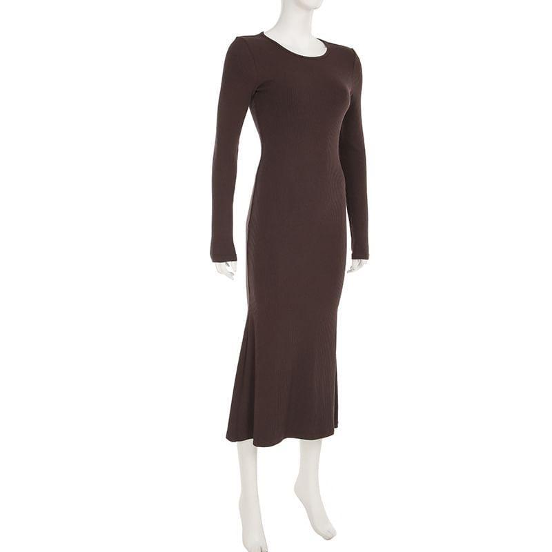 Long-Sleeve Crew Neck Plain Maxi Sheath Dress Product Image