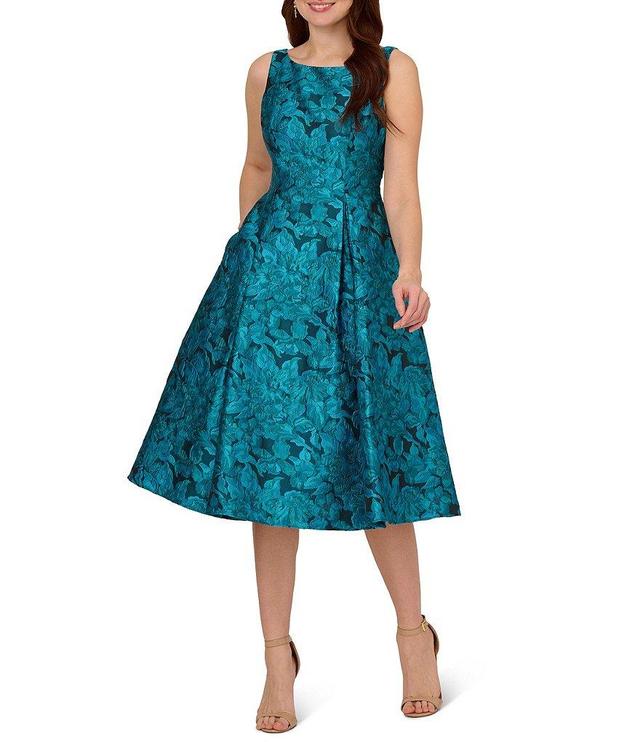 Adrianna Papell Jacquard Boat Neck Sleeveless Pleated Tea Length Party Dress Product Image