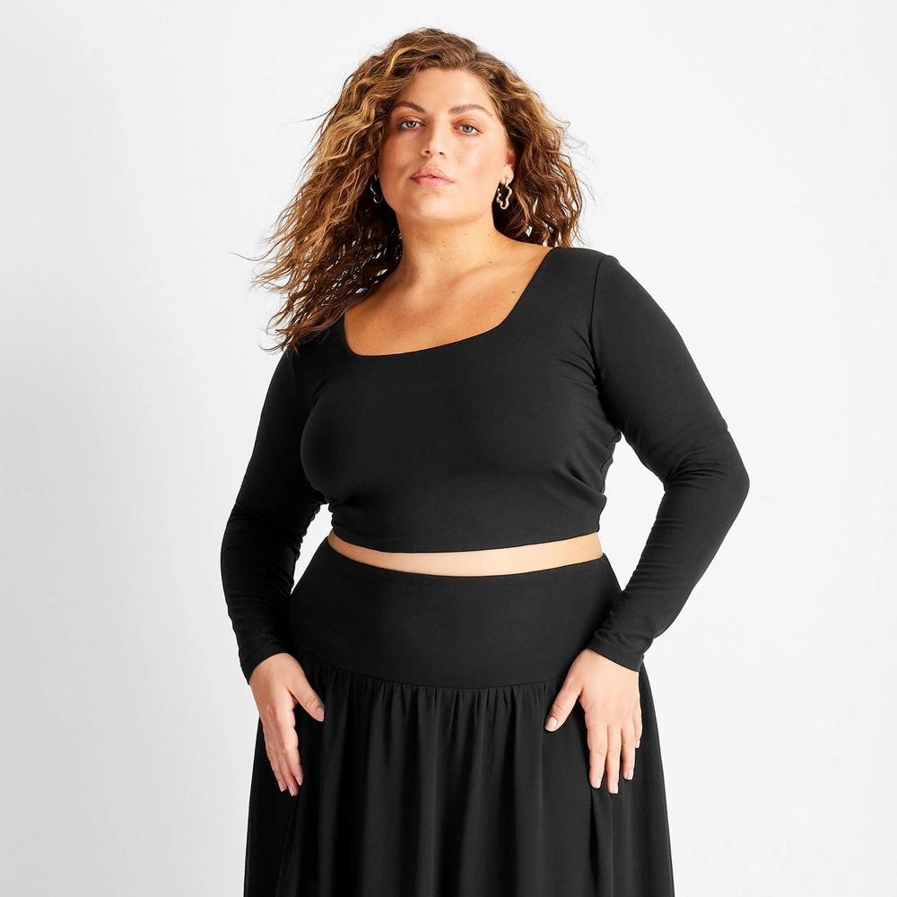 Womens Long Sleeve Scoop Neck Crop Top - Future Collective Black Product Image