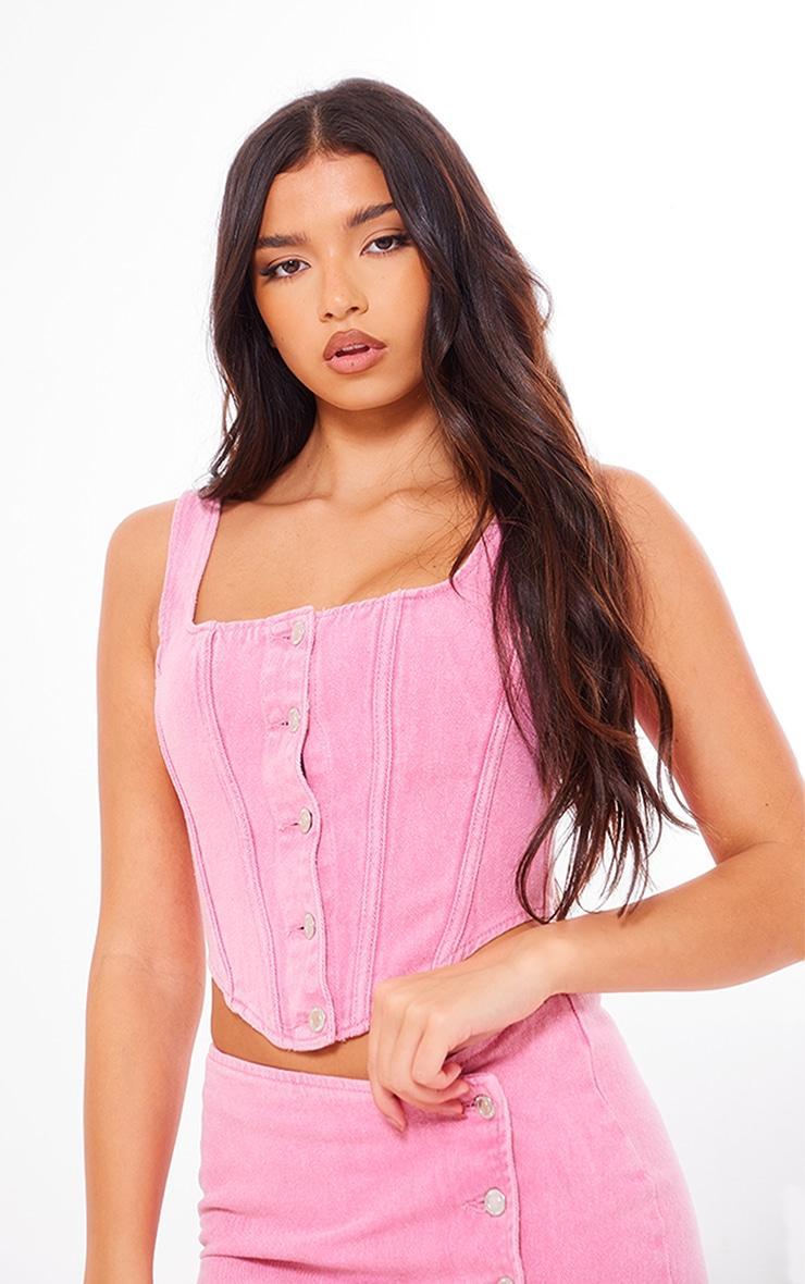 Pink Button Detail Boned Denim Corset Top Product Image