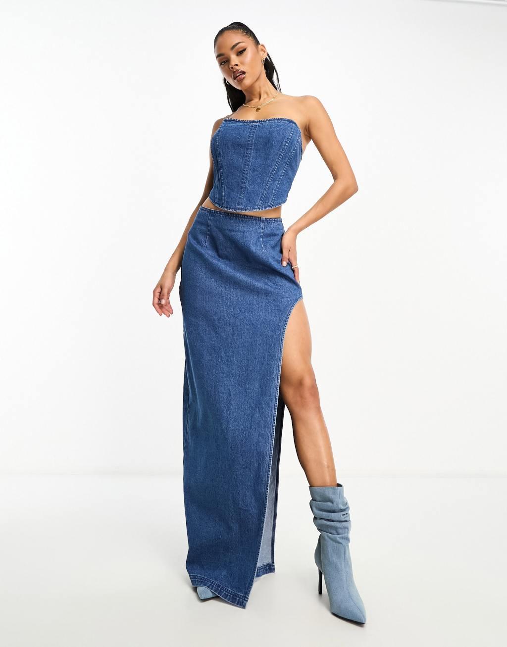 AFRM nadia denim maxi skirt in midwash blue with high rise slit - part of a set Product Image