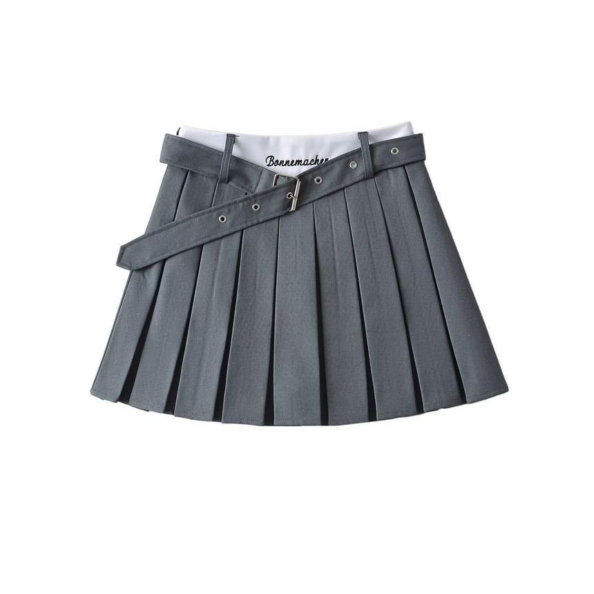 Set: High Rise Lettering Embroidered Pleated Mini A-Line Skirt + Belt Product Image