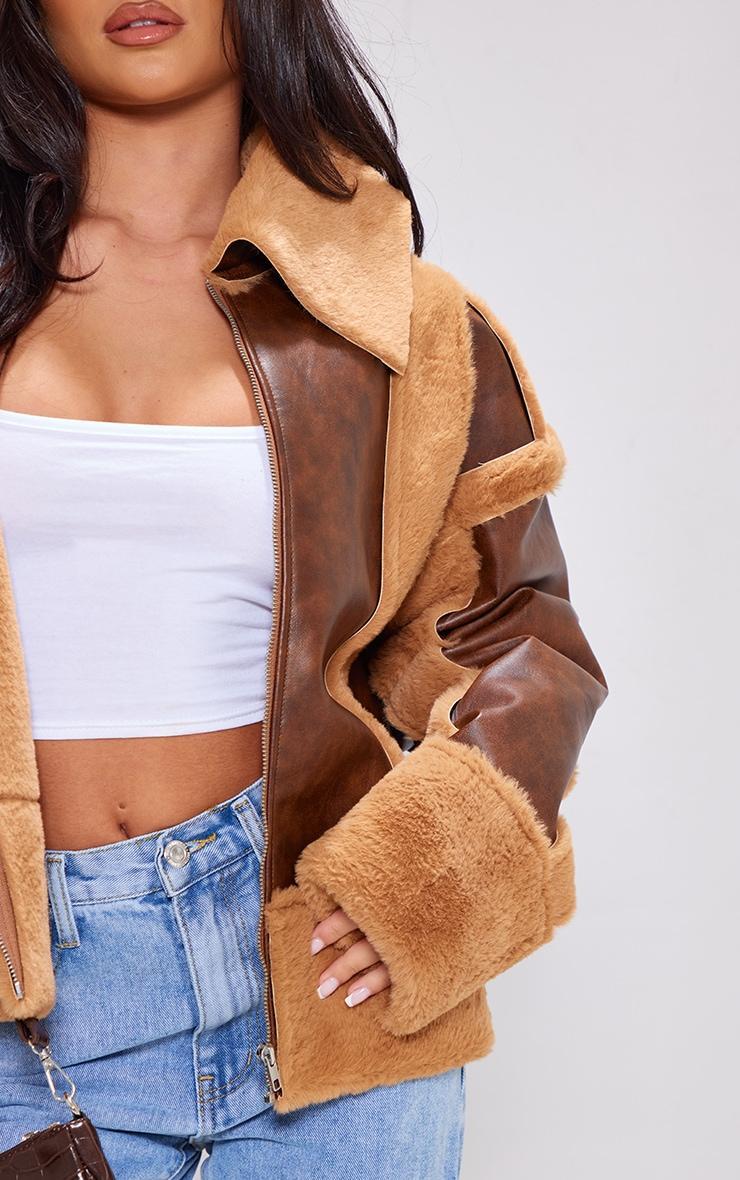 Petite Brown Distressed PU & Fur Contrast Jacket Product Image