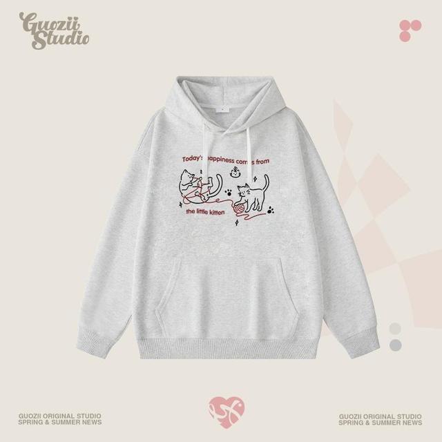 Cat Print Drawstring Hoodie Product Image