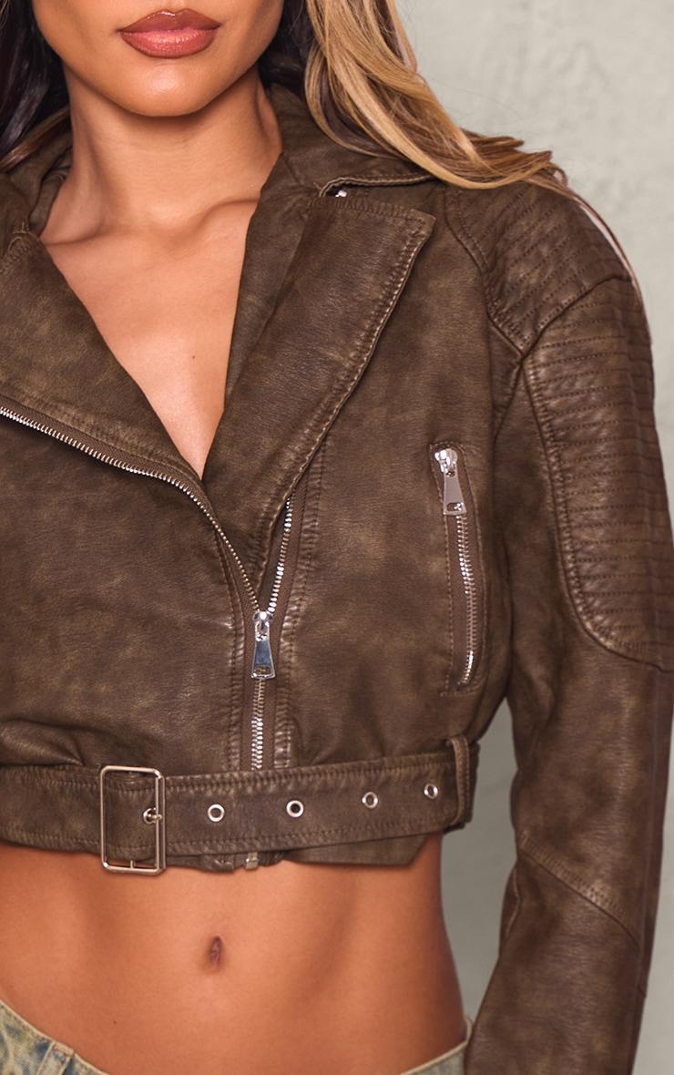 Brown Textured Faux Leather Quilted Detail Cropped Biker Jacket Product Image