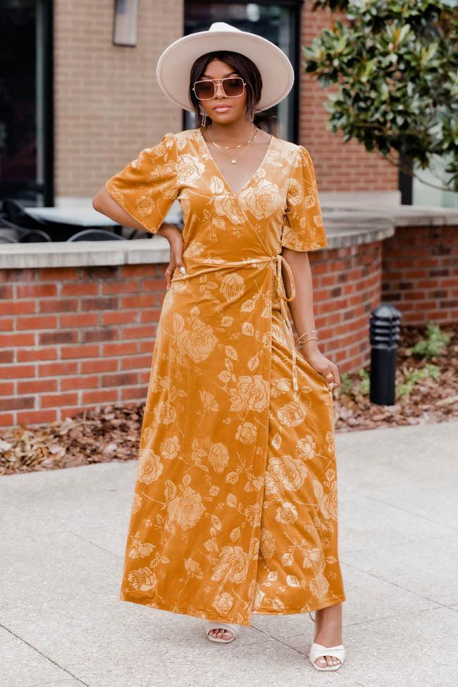 Forever Grateful Gold Velvet Floral Maxi Dress FINAL SALE Product Image