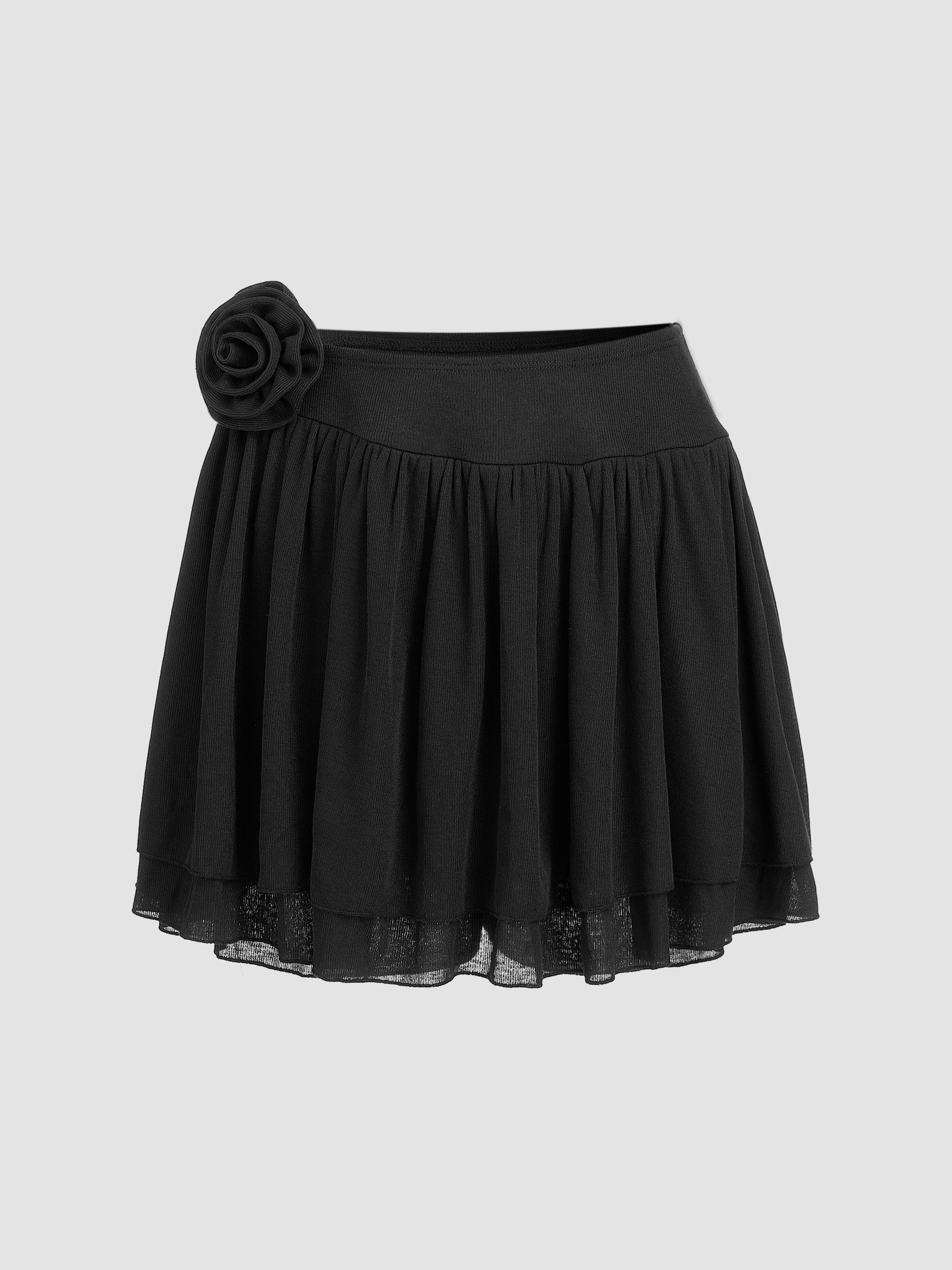 Mid Waist Rose Decor Pleated Lace Skort Product Image