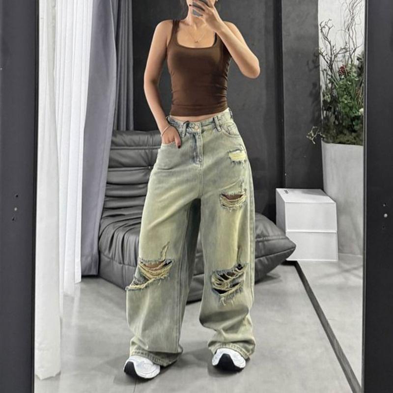 High Rise Distressed Washed Wide Leg Jeans Product Image