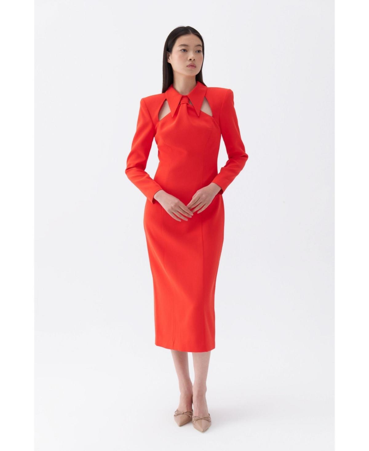 Women's Tie Neck Midi Dress with Shoulder Pad Product Image