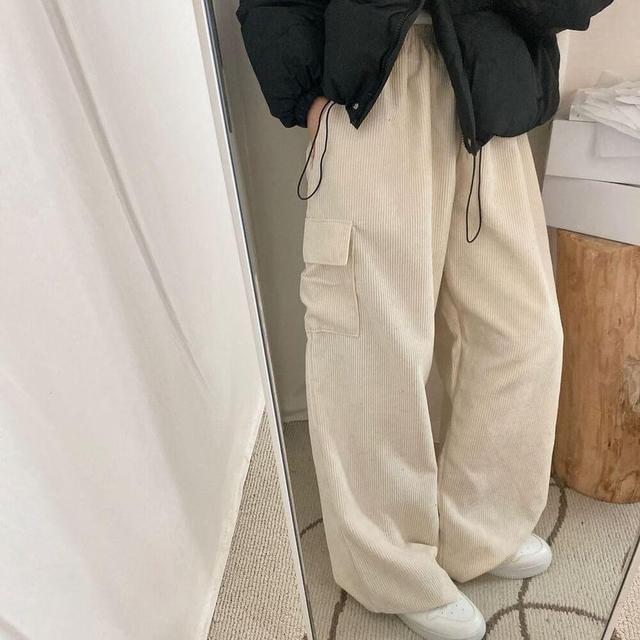 Drawstring Waist Plain Corduroy Wide Leg Cargo Pants Product Image