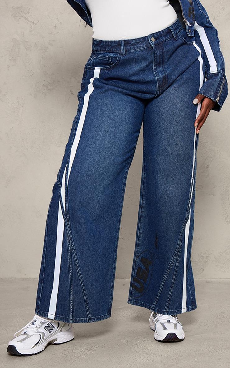 Plus Mid Blue Wash Graphic Detail Panelled Wide Leg Jeans Product Image