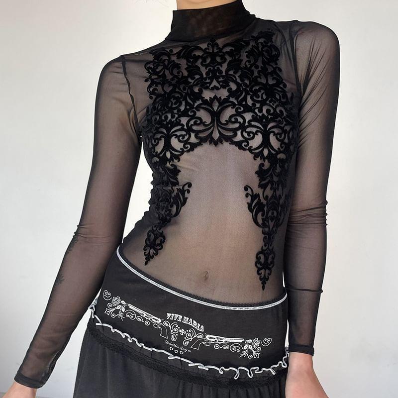 Long-Sleeve Mock Neck Patterned Mesh Slim Fit Top Product Image