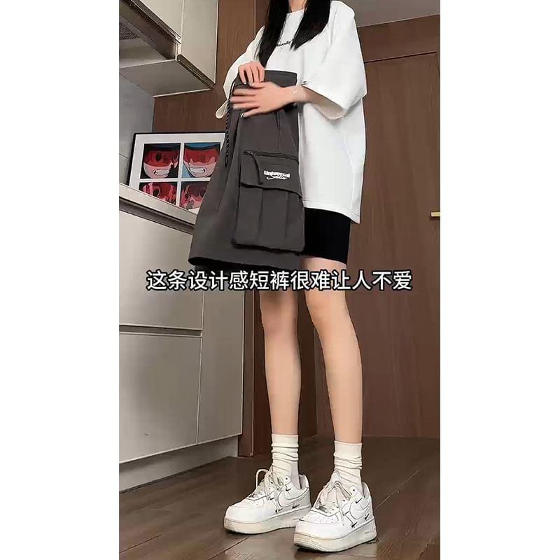 Drawstring Waist Plain Cargo Sweat Shorts Product Image