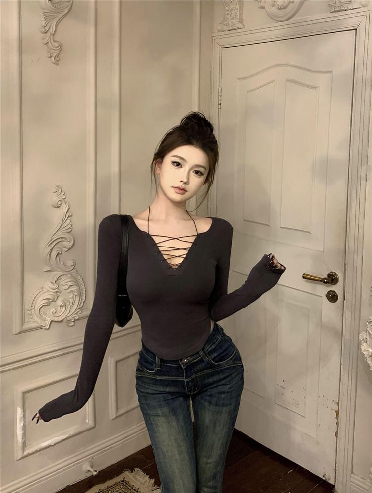 Long Sleeve V-Neck Plain Lace Up Top Product Image