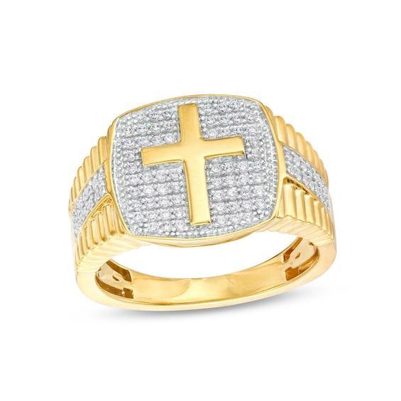 Men's 1/2 CT. T.w. Cushion-Shaped Multi-Diamond Stepped Shank Cross Ring in 10K Gold Product Image