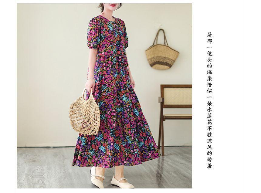 Short-Sleeve Floral Maxi A-Line Dress Product Image