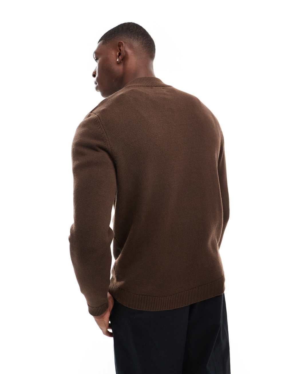 ASOS DESIGN midweight knitted quarter zip sweater in brown Product Image