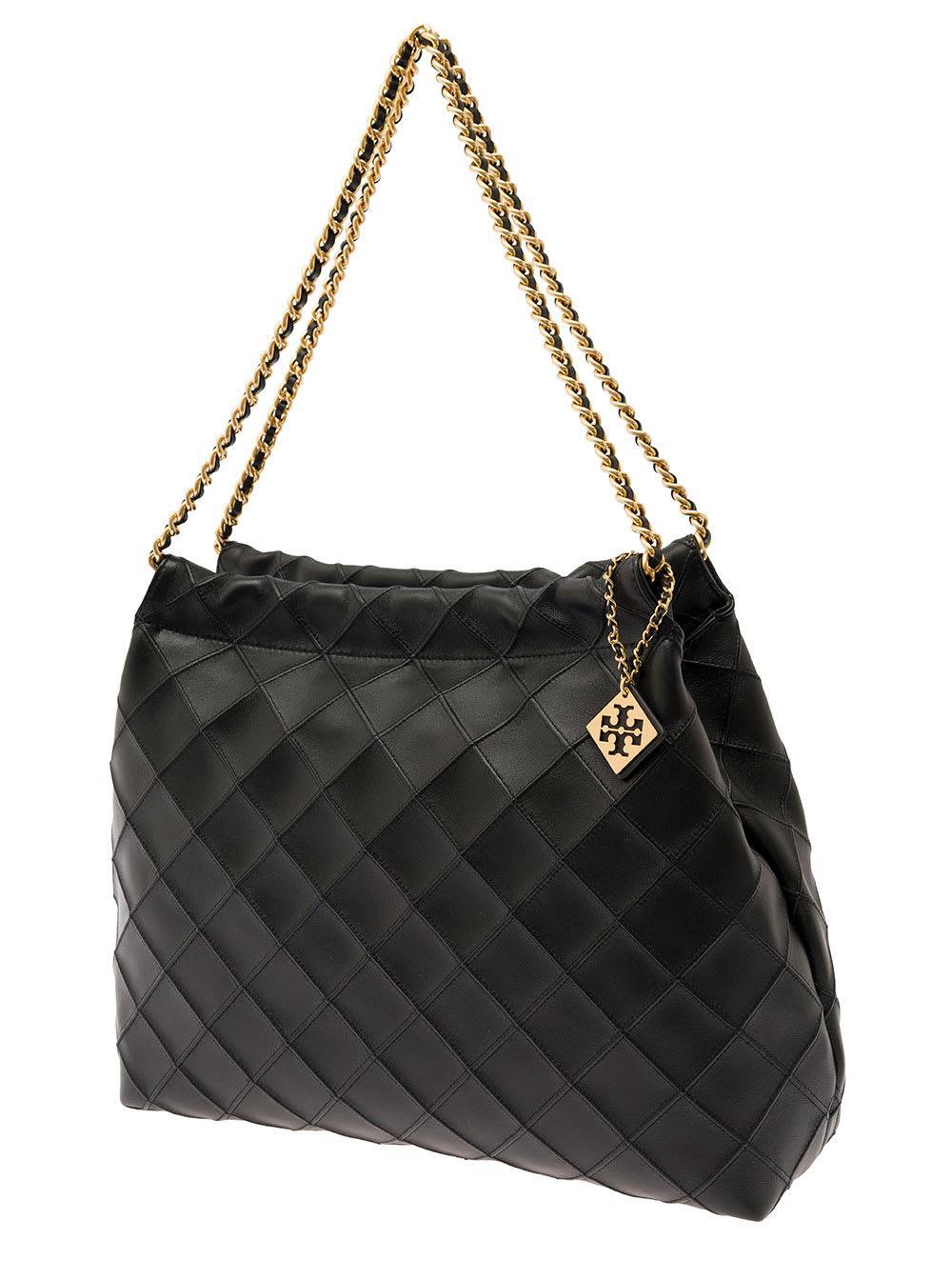 Fleming Black Shoulder Bag With Logo Charm In Quilted Leather Woman Product Image