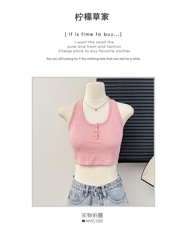 Plain Henley-Neck Halter Top in 5 Colors Product Image