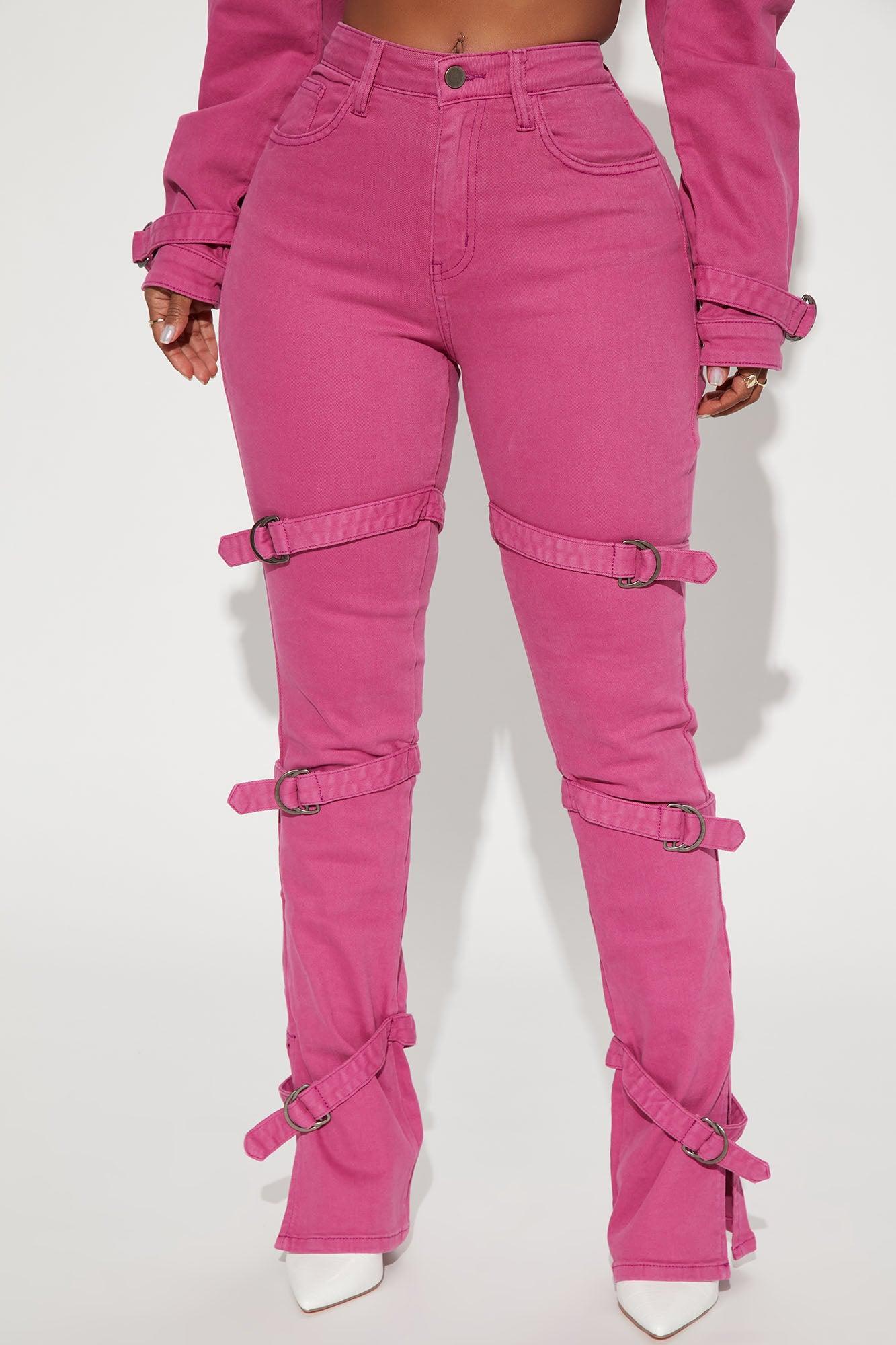 Lovefool Strappy Split Hem Straight Leg Jeans - Magenta Product Image