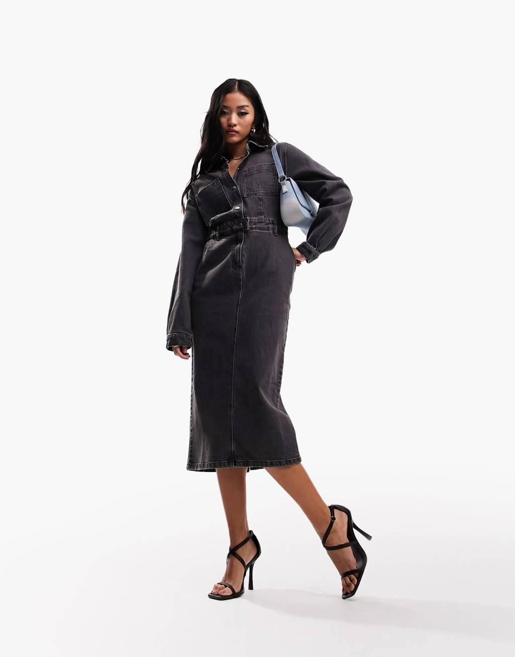 ASOS DESIGN denim midi dress in washed black Product Image