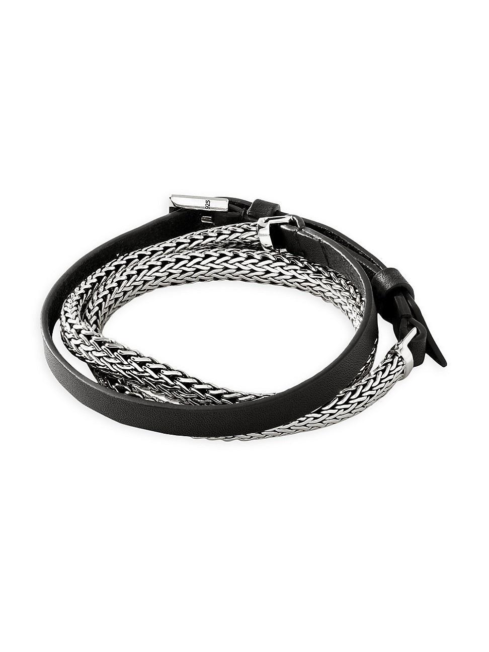 Womens Chain Classic Sterling Silver & Leather Triple Wrap Bracelet Product Image