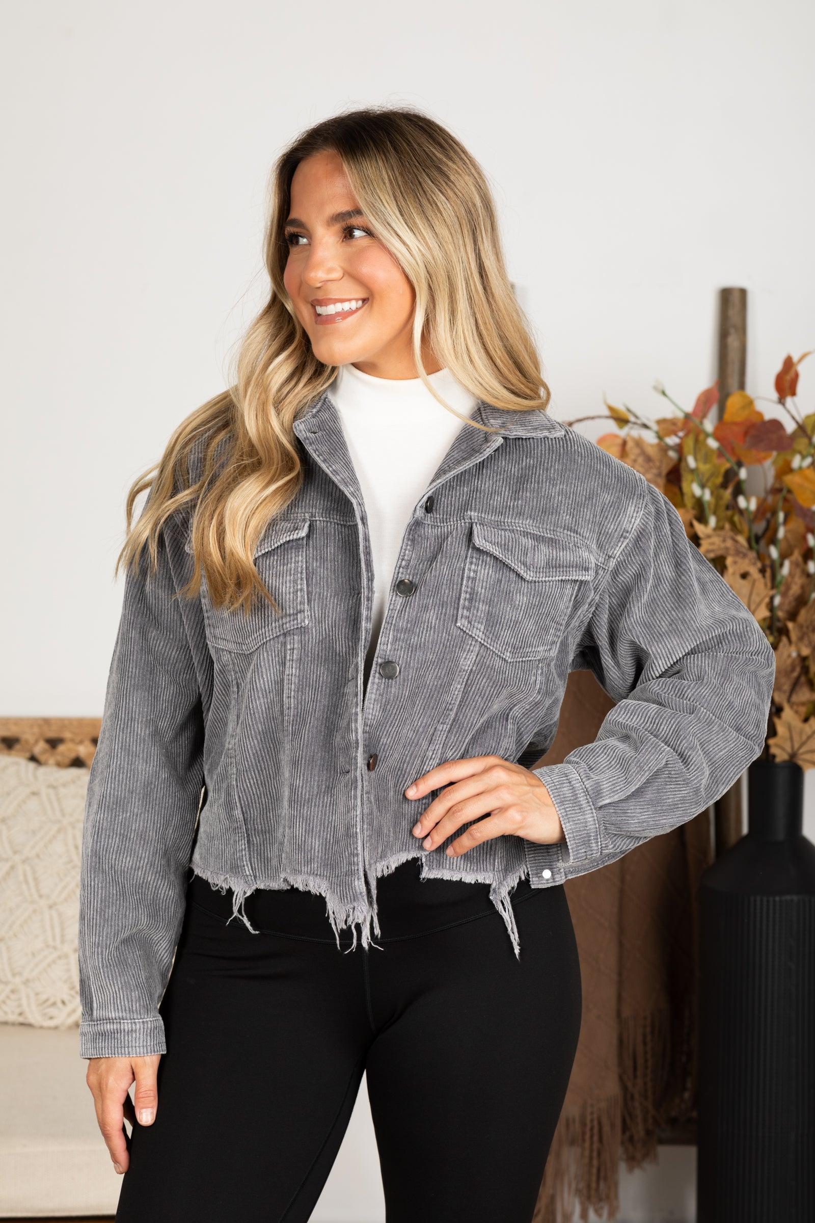 Grey Distressed Hem Corduroy Jacket Product Image