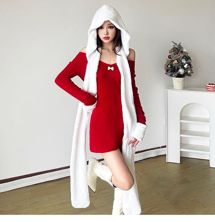 Long-Sleeve Cold Shoulder Bowknot Mini A-Line Dress / Hooded Scarf Product Image