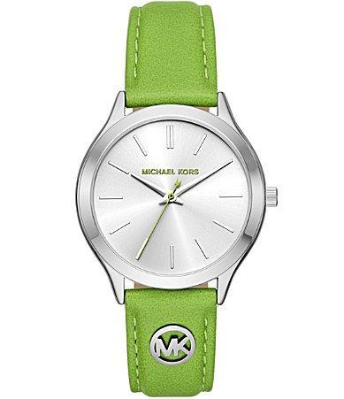 Michael Kors Womens  Slim Runway Three Hand Green Leather Strap Watch Product Image