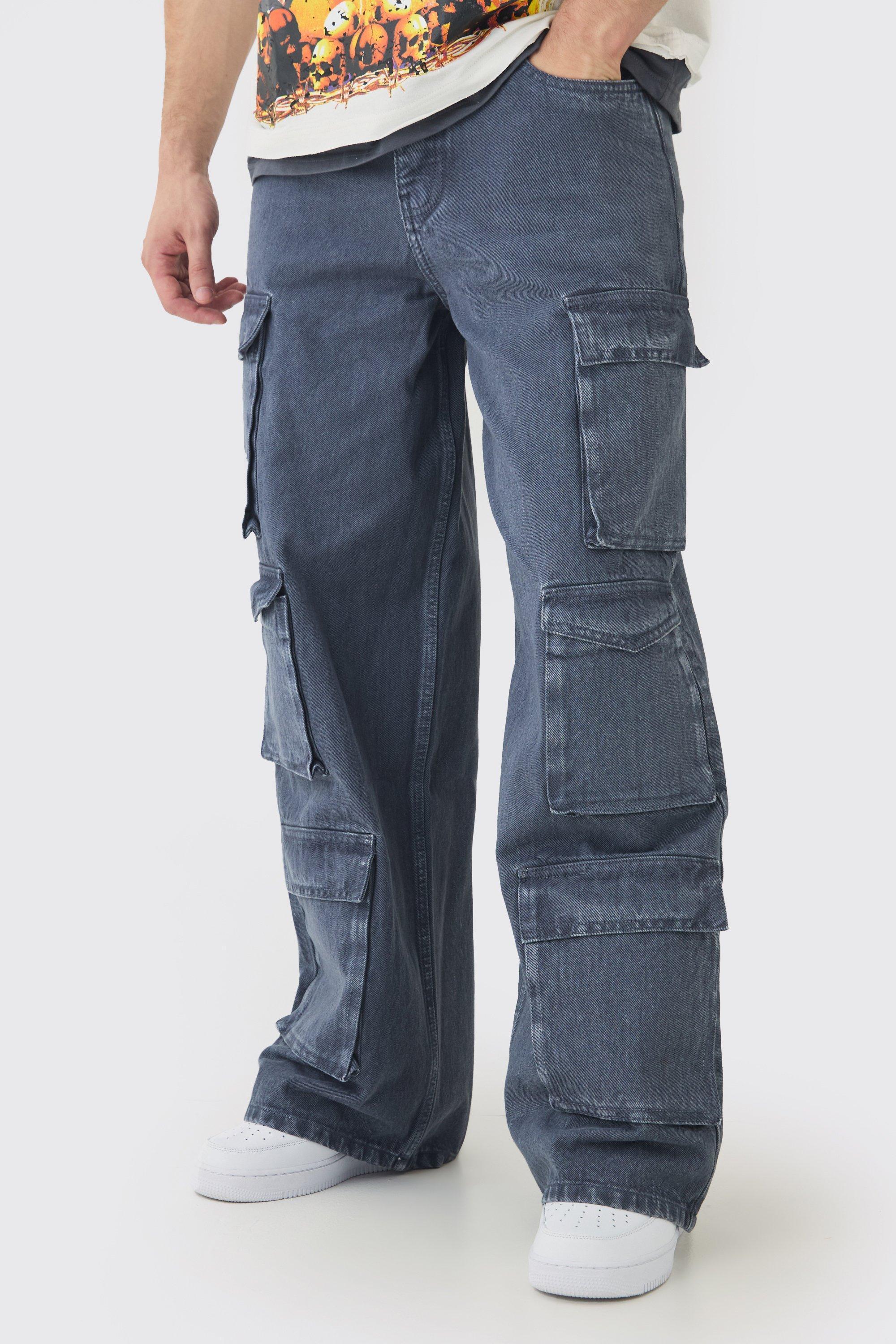 Tall Baggy Fit Washed Multi Pocket Cargo Jeans | boohooMAN USA Product Image