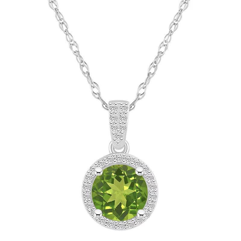 Celebration Gems 10k White Gold Round Gemstone & Lab-Created White Sapphire Halo Pendant Necklace, Womens Peridot Product Image