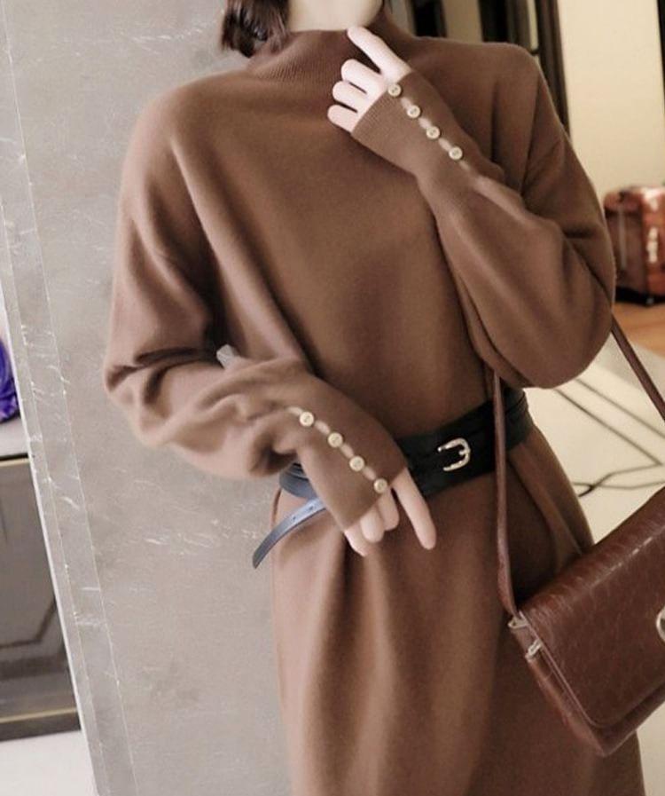 Long-Sleeve Mock Neck Plain Midi Sheath Knit Dress Product Image