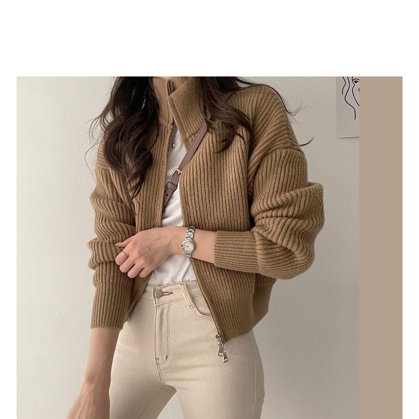 Stand Collar Plain Ribbed Zip Cardigan Product Image