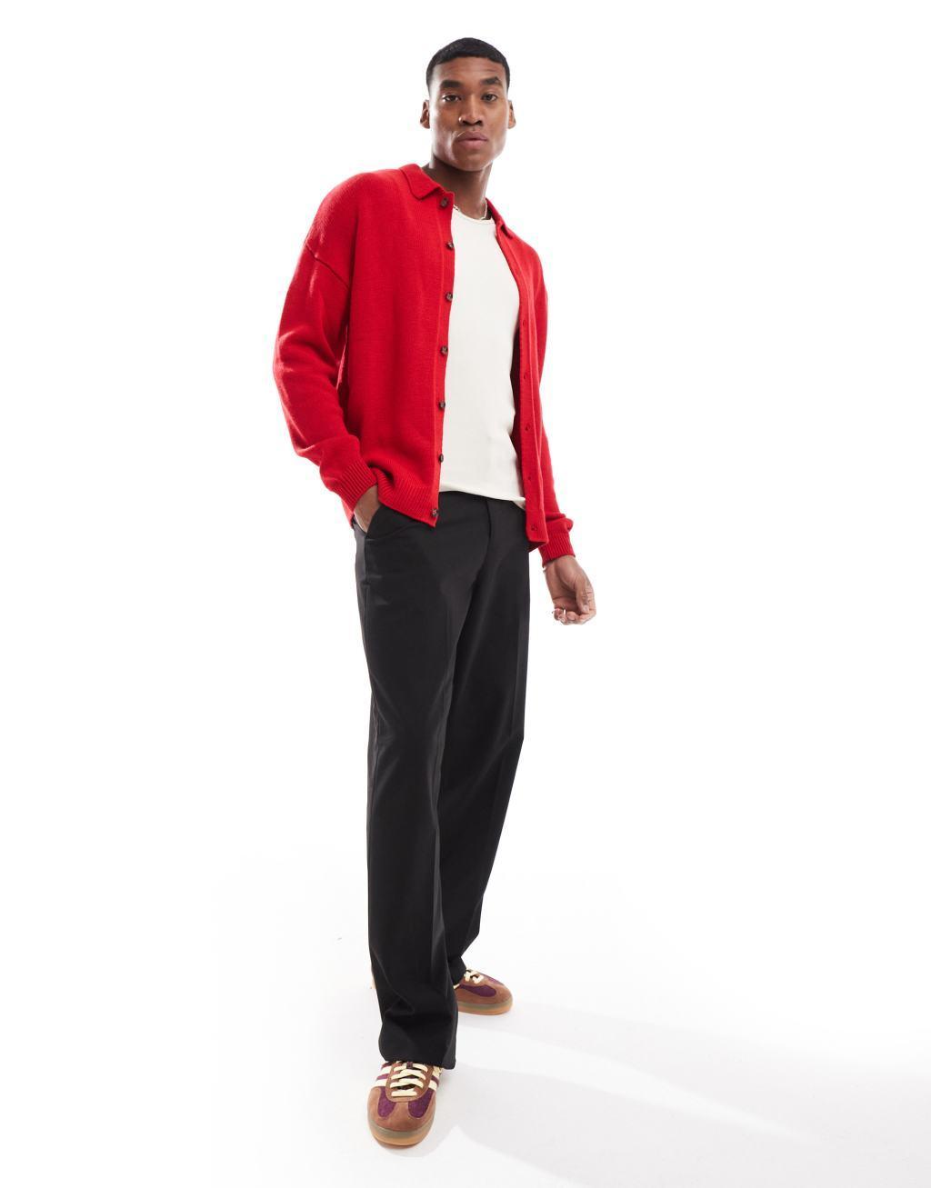 ASOS DESIGN relaxed boxy fit knitted cardigan with collar in red Product Image