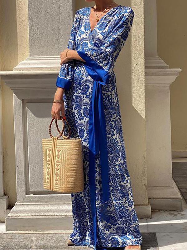 A-Line Flared Sleeves Pleated Printed Split-Joint Tied Waist V-Neck Maxi Dresses Product Image