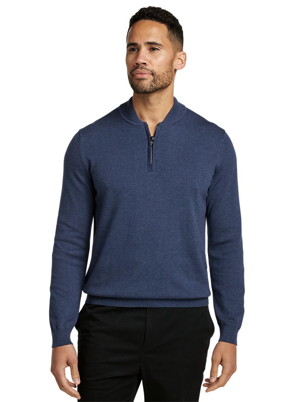 Cotton Quarter Zip Mock Neck Sweater - Blue Product Image