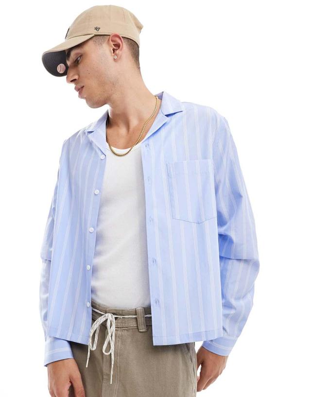 ASOS DESIGN boxy oversized camp collar shirt in blue work stripe Product Image