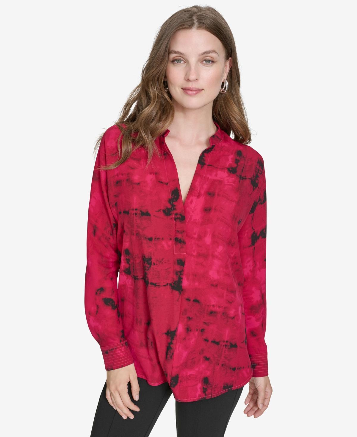 Halston Womens Printed Mandarin-Collar Button-Up Blouse Product Image