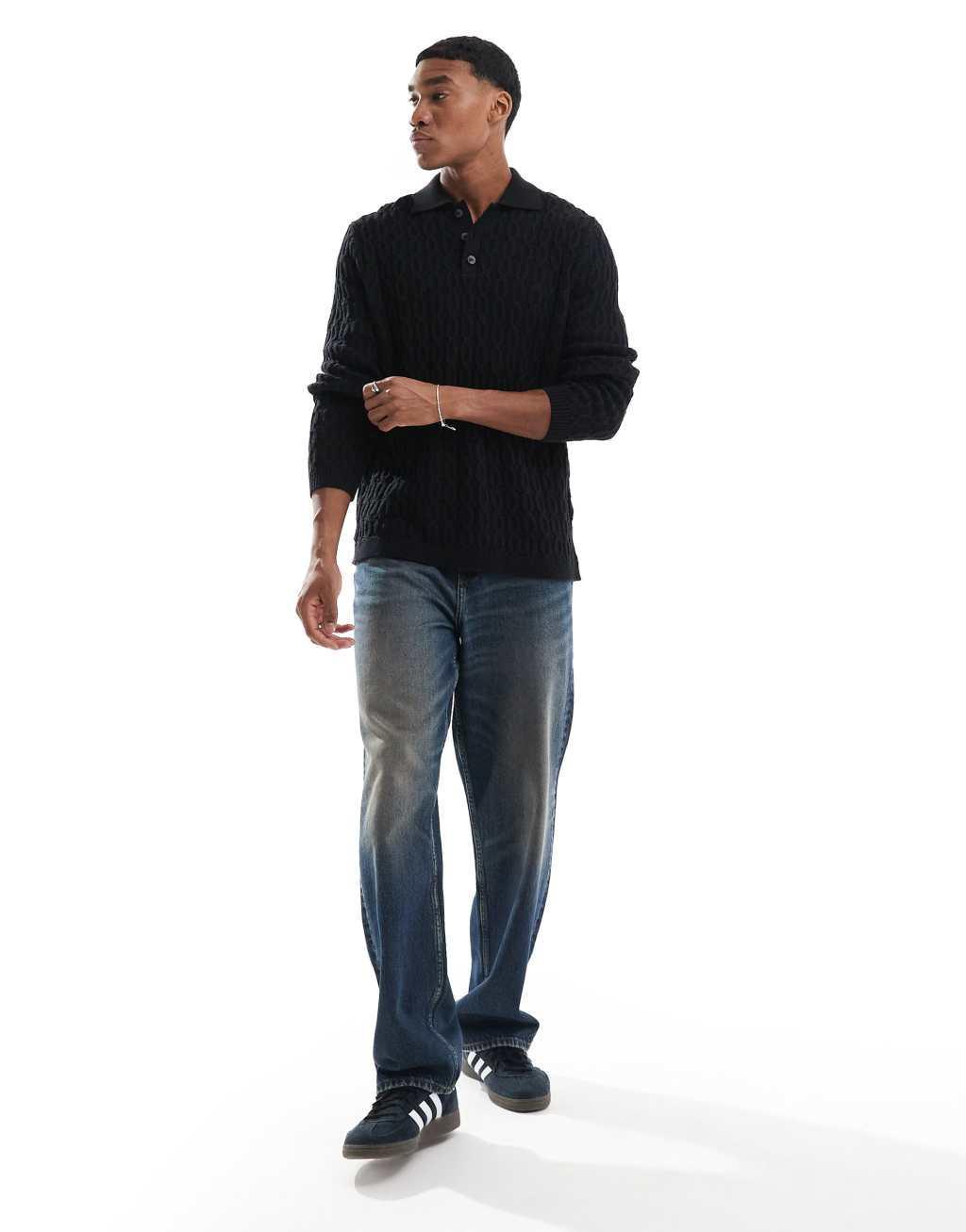 ONLY & SONS long sleeve knit polo in black Product Image