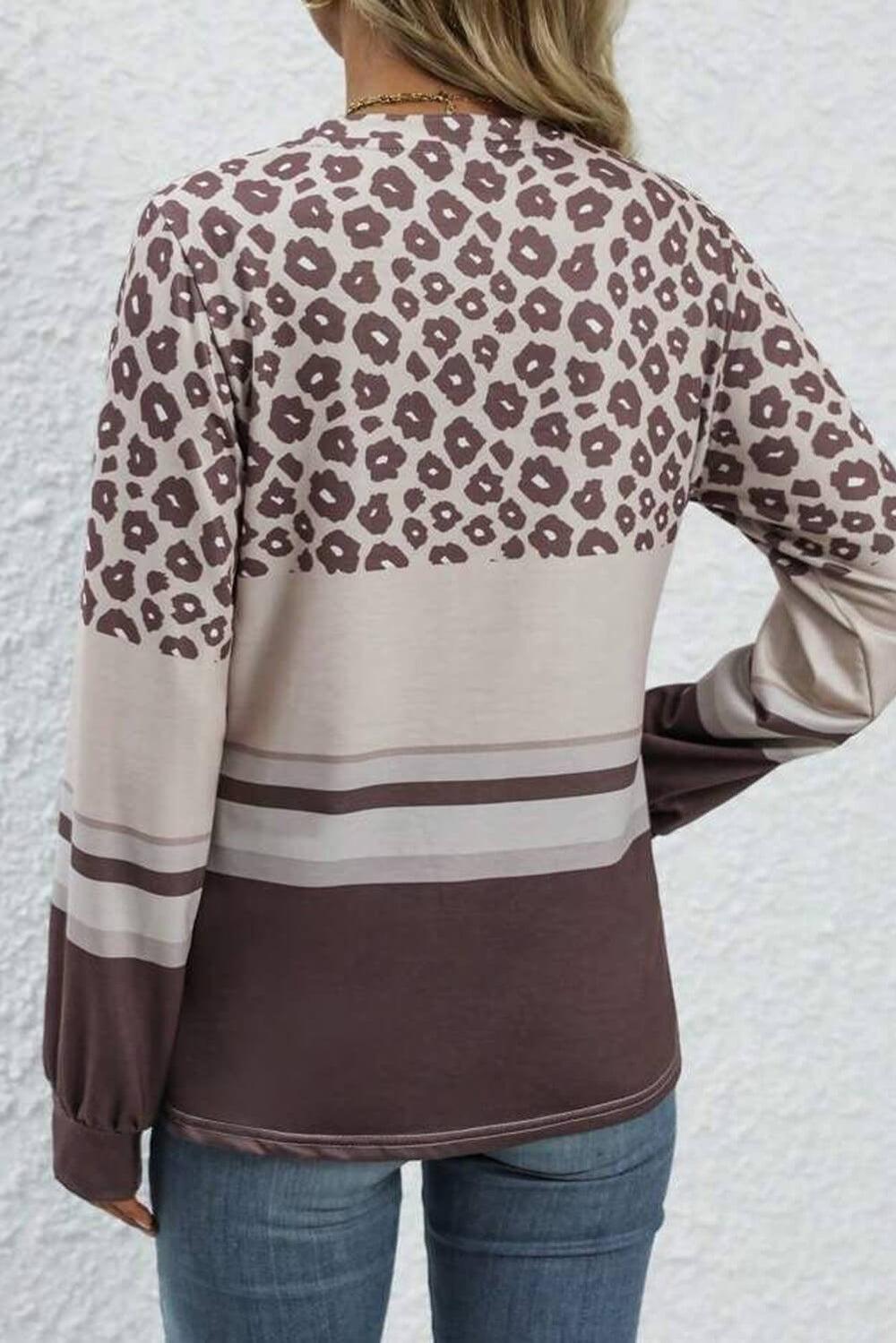 Brown Leopard Color Block Crewneck Long Sleeve Top Product Image