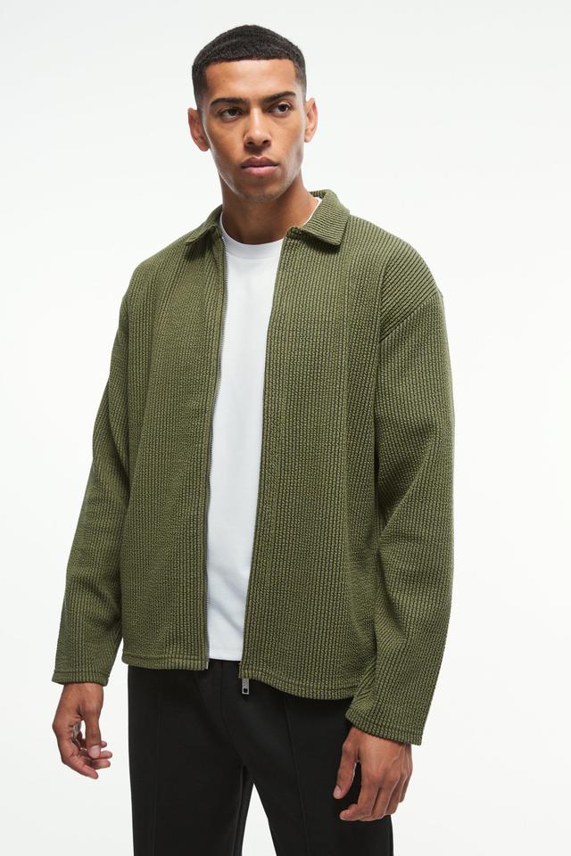 Oversized Two-tone Zip Through Ribbed Jersey Shirt | boohooMAN USA Product Image