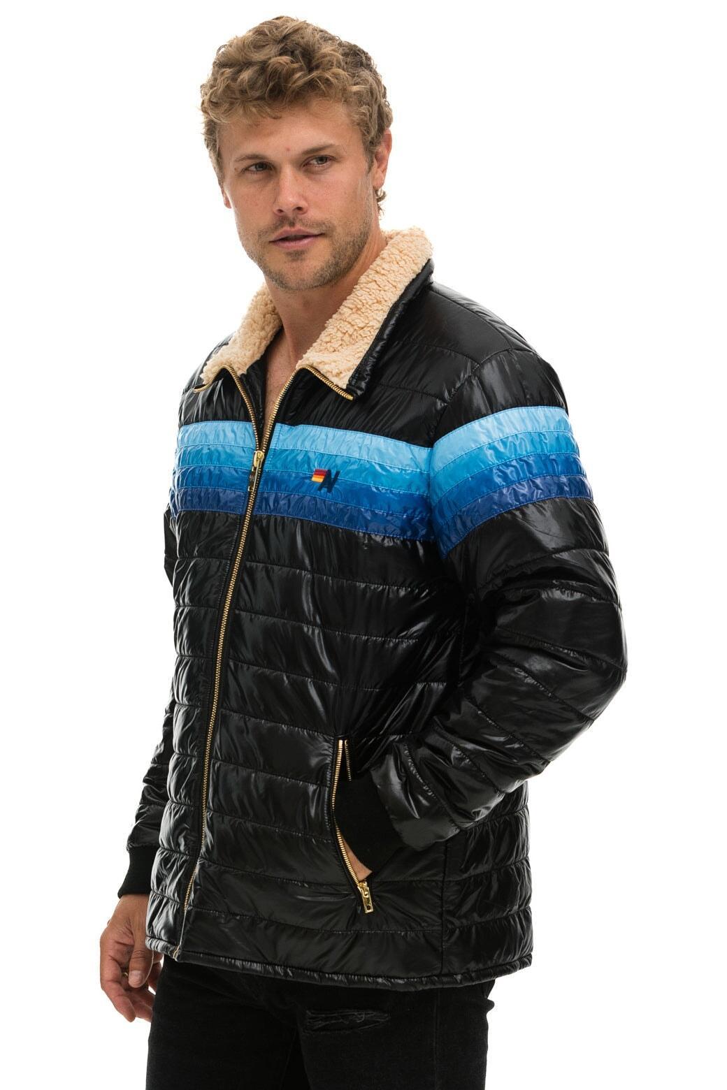 4 STRIPE RAINBOW SLEEVE JACKET -  GLOSSY BLACK // BLUE Male Product Image