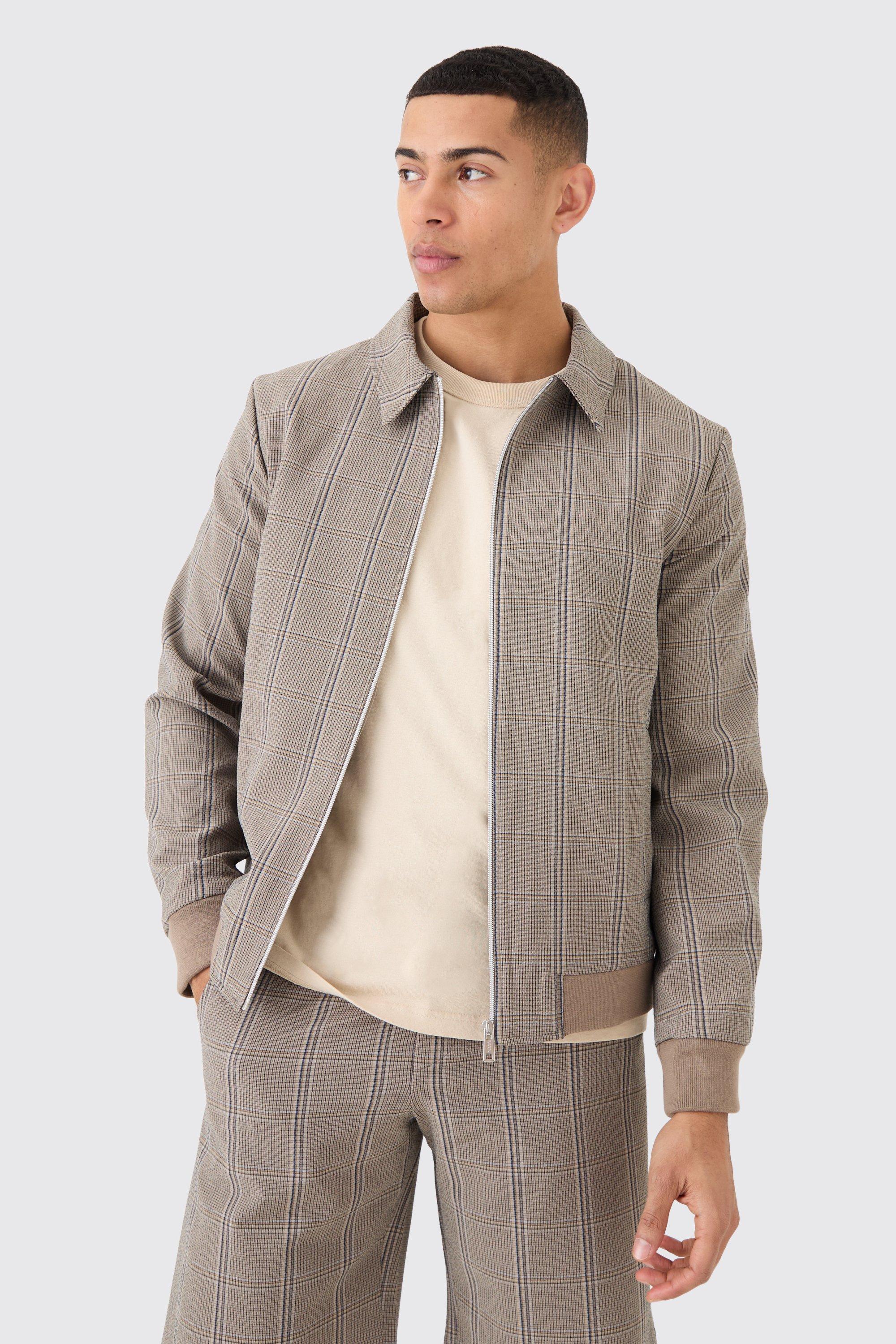 Stretch Textured Plaid Smart Bomber Jacket | boohooMAN USA Product Image