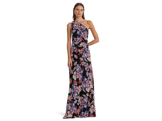 LAUREN Ralph Lauren Floral Georgette One-Shoulder Dress (Black/Purple Women's Clothing Product Image