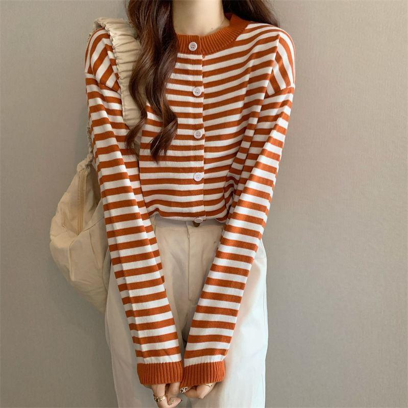 Crew Neck Striped Button Up Cardigan Product Image