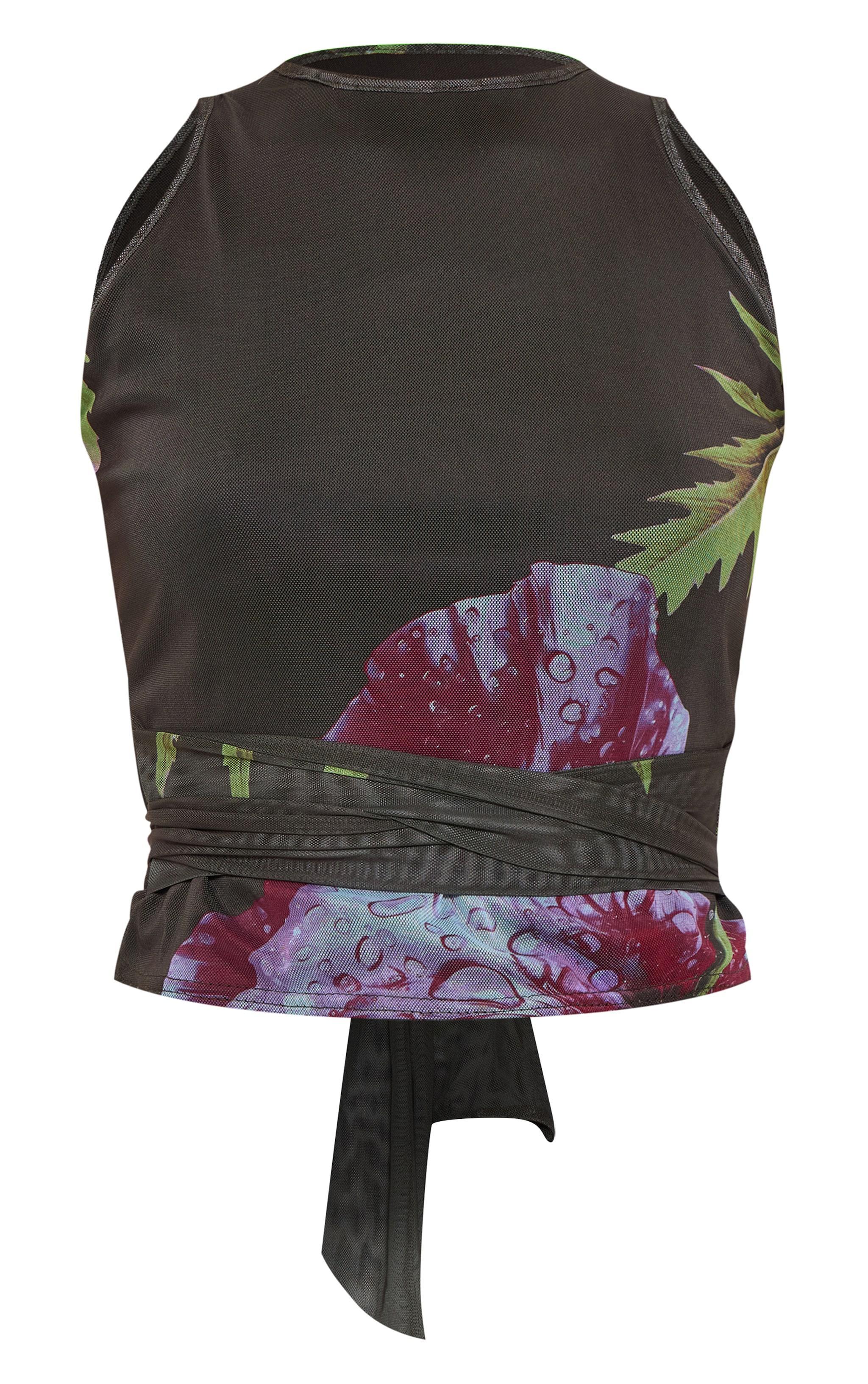 Green Printed Mesh Tie Detail Boat Neck Top Product Image