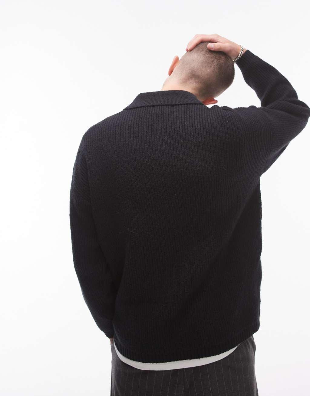 Topman relaxed fit compact knit polo sweater in black Product Image