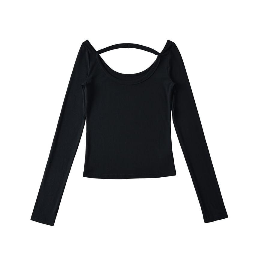 Long Sleeve Cold Shoulder Scoop Neck Plain Ribbed Tee Product Image