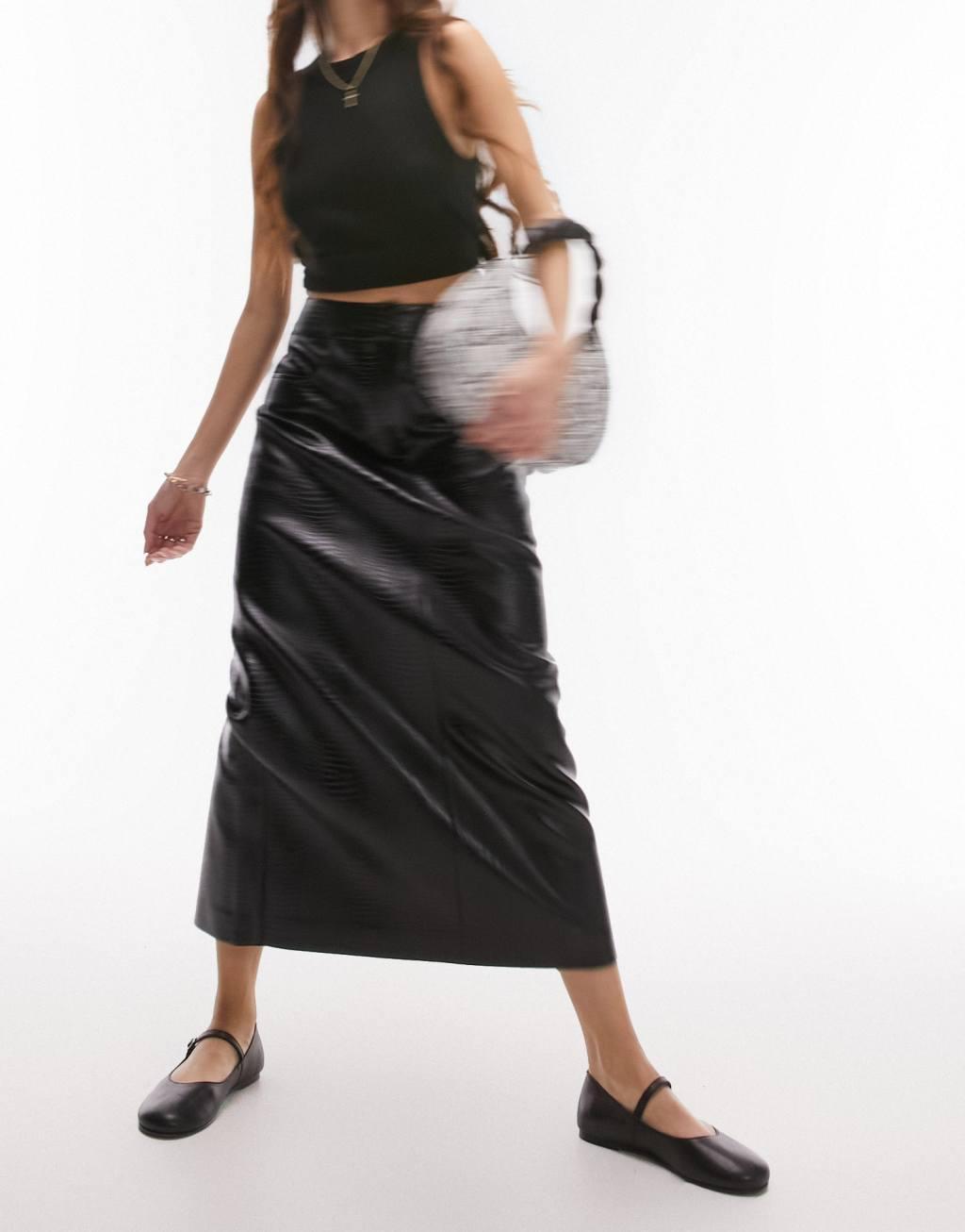 Topshop leather look midi skirt in black snake print  Product Image